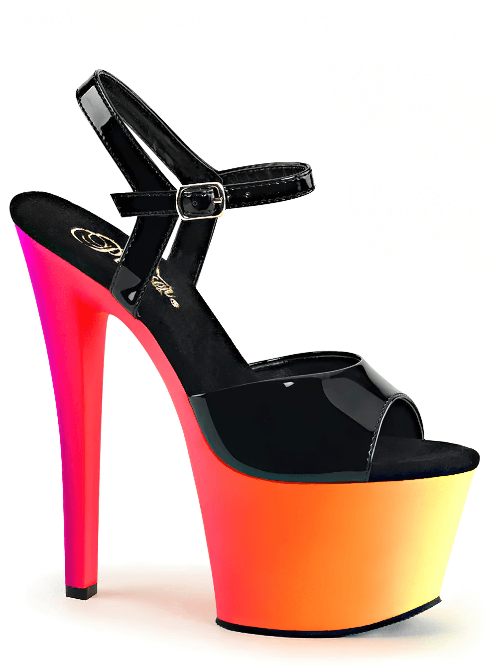 Vibrant Pleaser neon UV reactive platform sandals with 7-inch heels and ankle strap, perfect for nightlife.