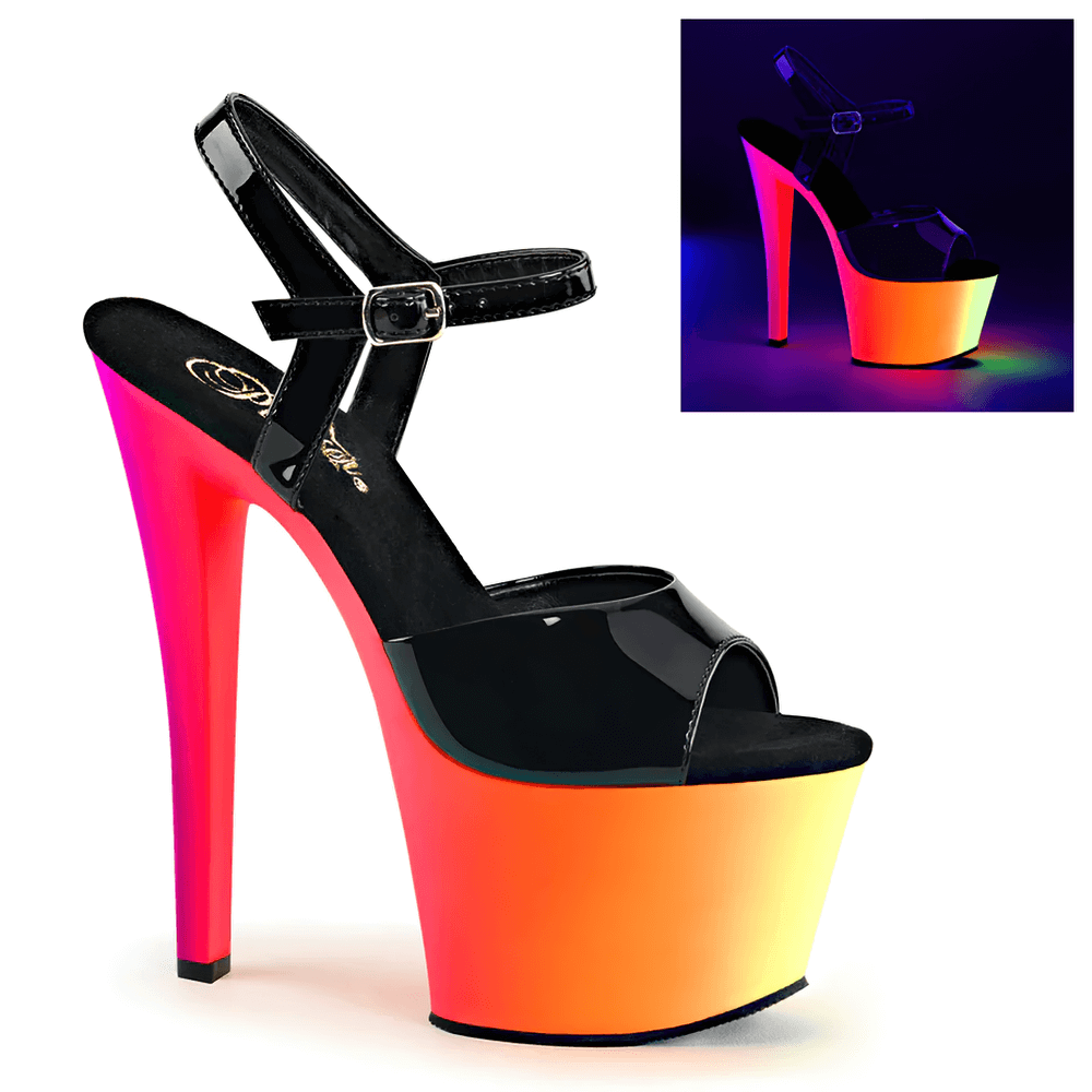 Colorful UV reactive platform sandals with 7-inch heels, glowing features, and ankle strap for a bold statement.