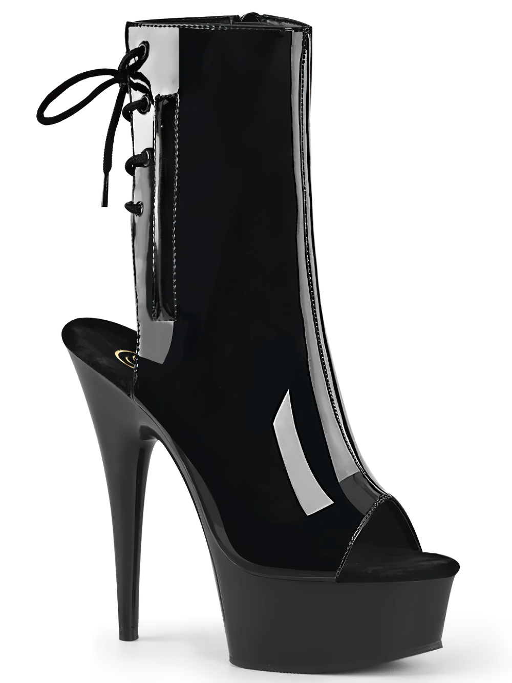 Edgy Pleaser open toe and heel ankle boots with lace-up back, featuring a sleek black design and towering 6-inch heel.