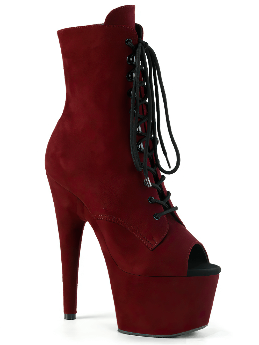 Burgundy open toe lace-up ankle boots with platform heels, featuring a 7-inch heel and edgy design for bold style.