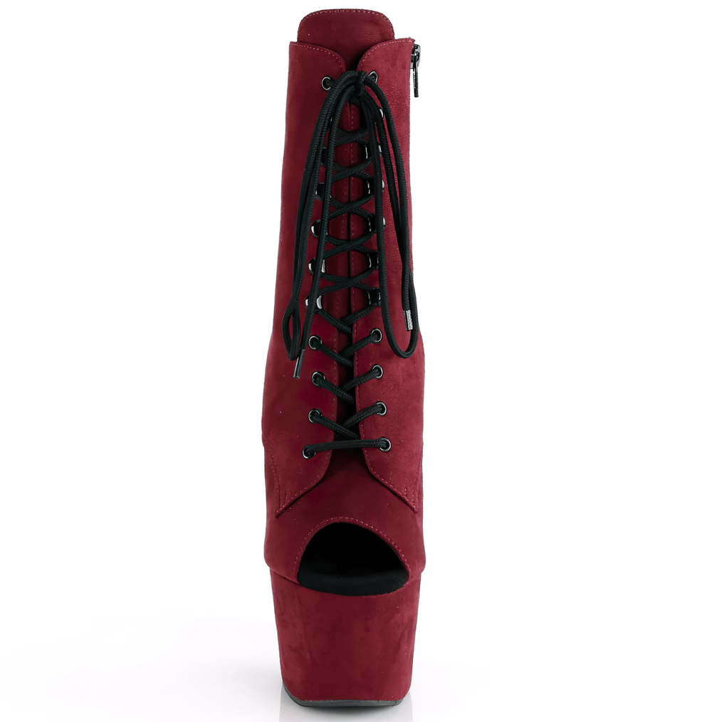 Bold burgundy open toe lace-up ankle boots with platform heels and zip for stylish elegance.