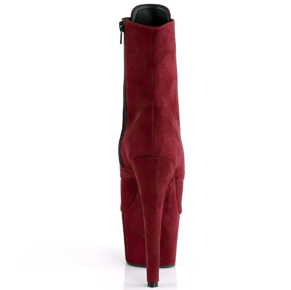 Back view of bold burgundy lace-up ankle boots with 7-inch heel and zip closure for modern elegance.