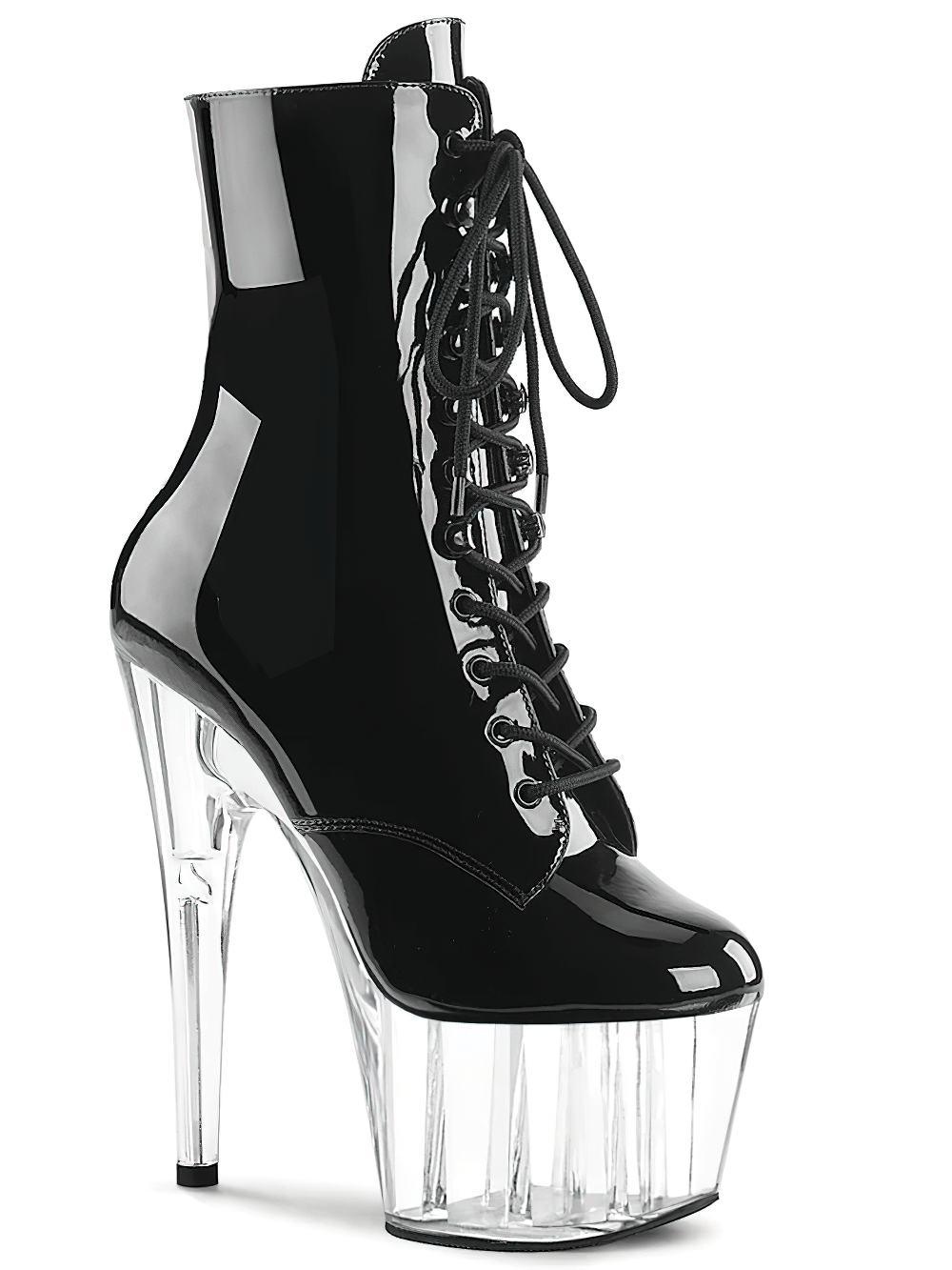 PLEASER Black Lace-Up Ankle Boots with Transparent Heels for bold style and a daring look.