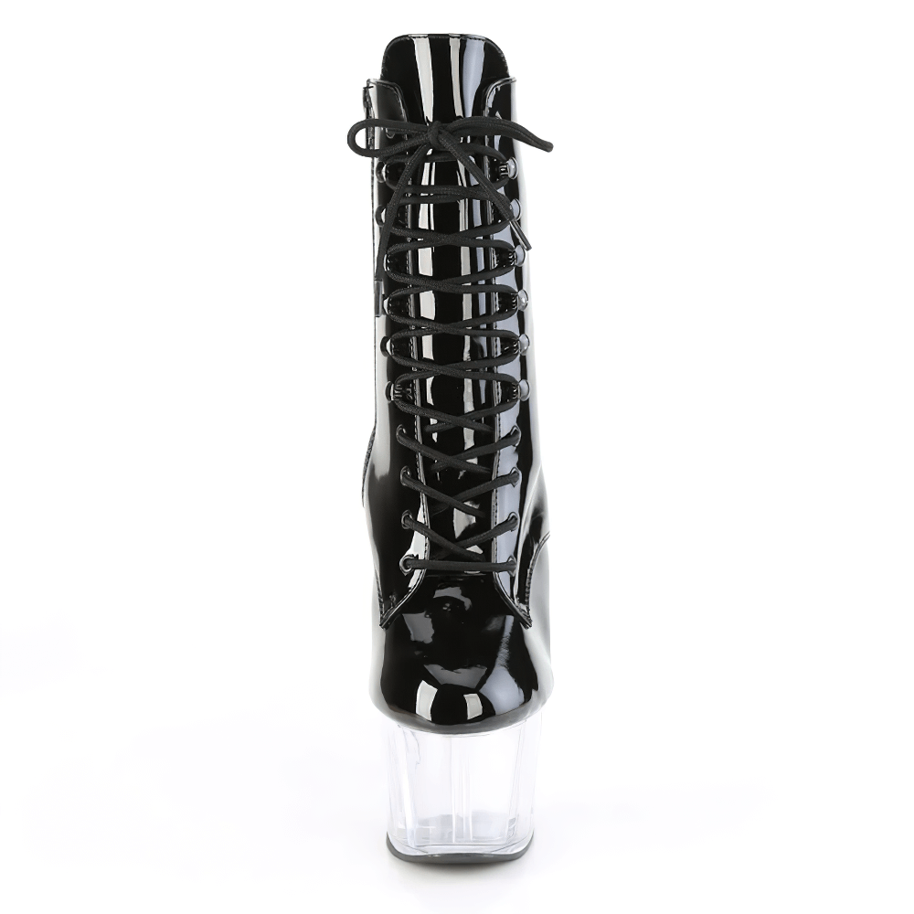 PLEASER black patent lace-up ankle boots with transparent heels and striking stiletto design.