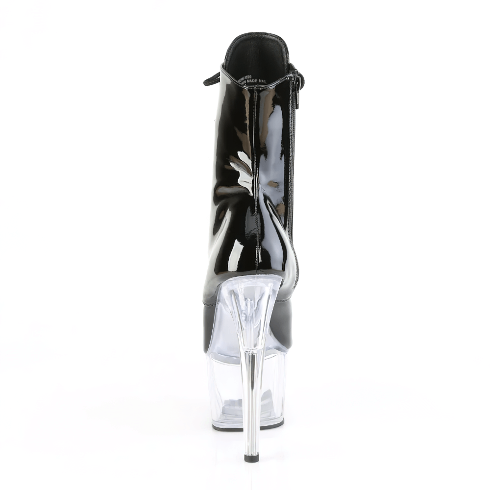 Back view of Pleaser Patent Lace-Up Ankle Boots with transparent heels, showcasing shiny black finish and sleek design.