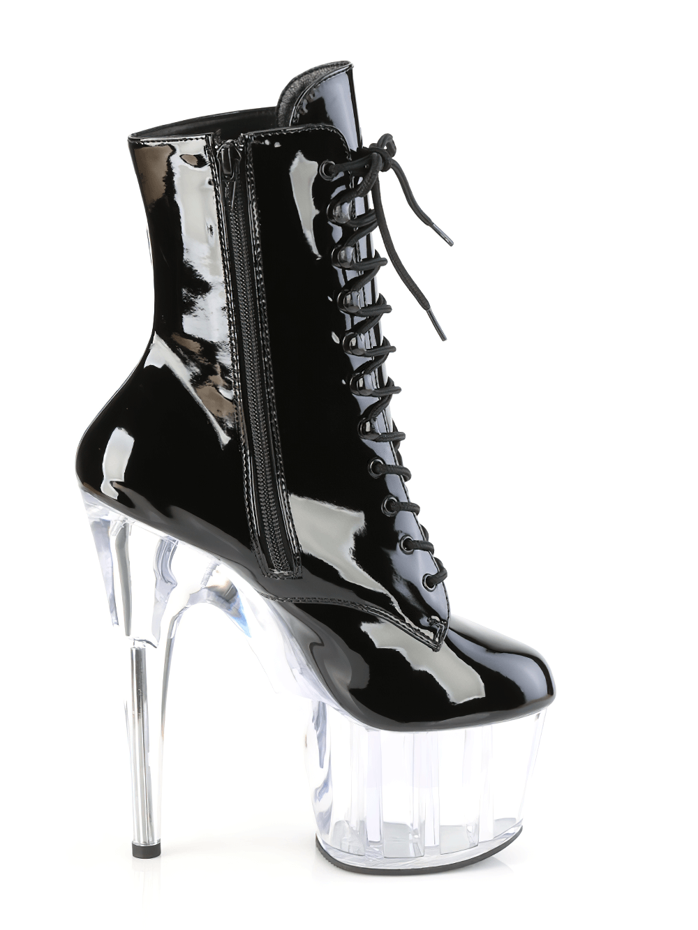 Daring PLEASER black lace-up ankle boots with transparent heels, featuring a 7-inch stiletto and platform design.