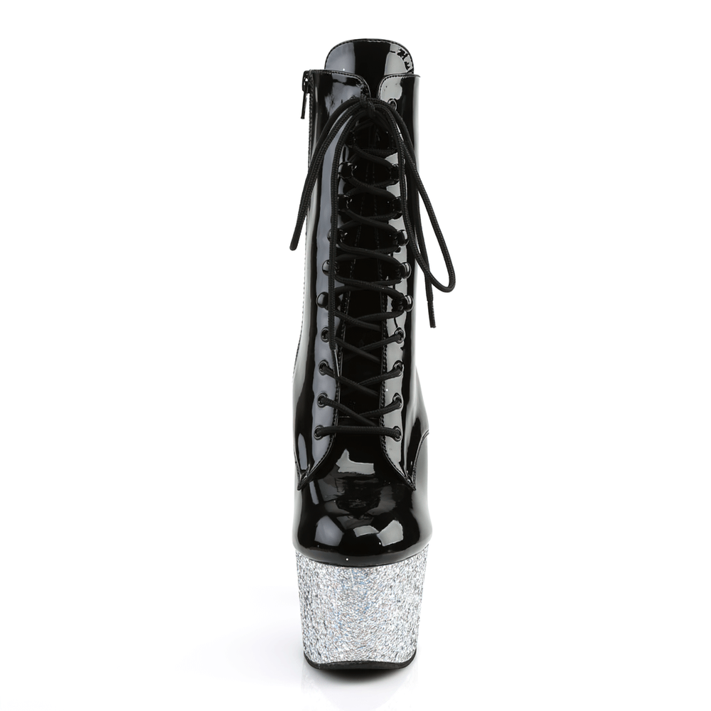 PLEASER Lack-Schnürstiefel mit Glitzer-Plateau-Absatz