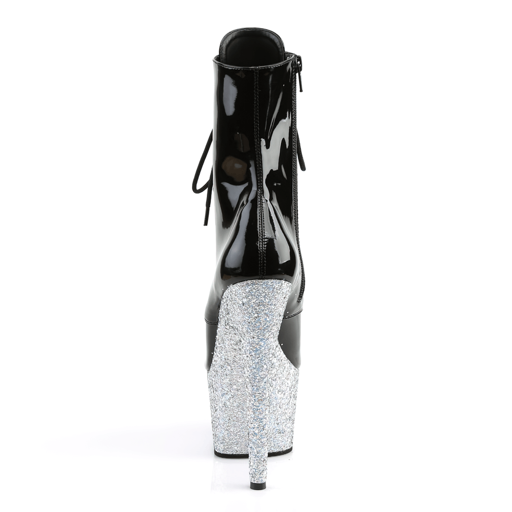 Back view of PLEASER black patent lace-up ankle boots with sparkling silver glitter platform heels.
