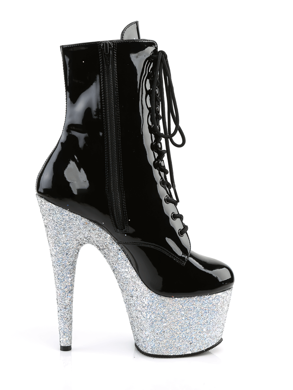 Shimmering black patent ankle boots with glitter platform heels, featuring a lace-up front and side zip for easy wear.