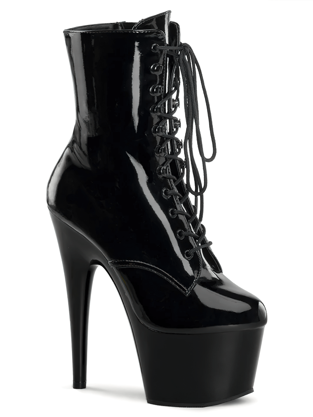 PLEASER glossy black lace-up ankle boots with a 7-inch stiletto heel and platform, perfect for stylish statements.