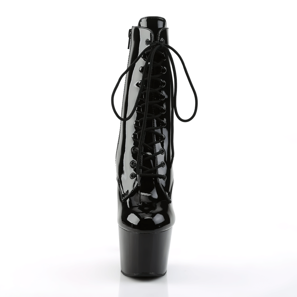Glossy black lace-up ankle boots with stiletto heel and platform, showcasing elegance and style, perfect for any occasion.