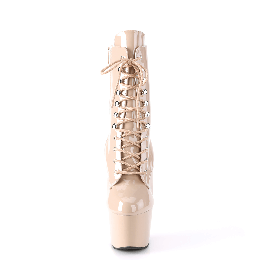 Glossy beige lace-up platform ankle boots with 7-inch stiletto heels for women, perfect for dance and fitness.