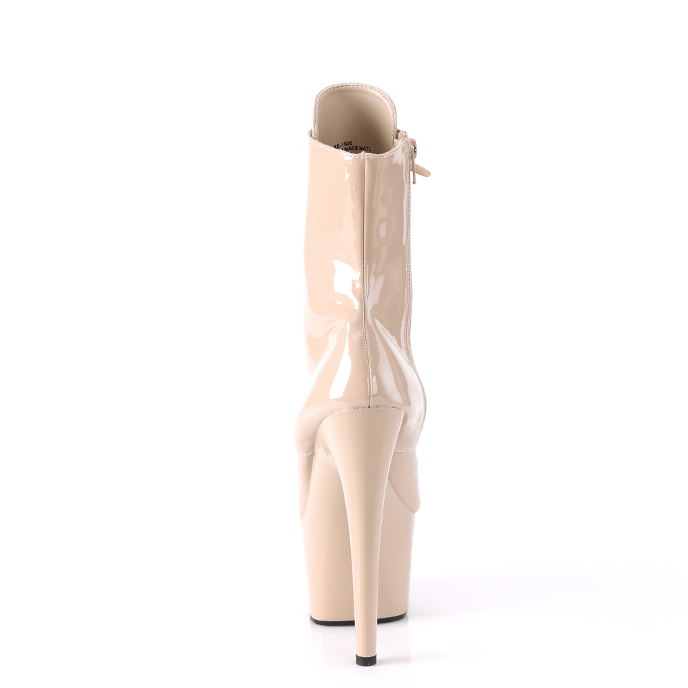 Beige patent stiletto ankle boots with a high platform heel, showcasing a sleek back design and inner zipper.