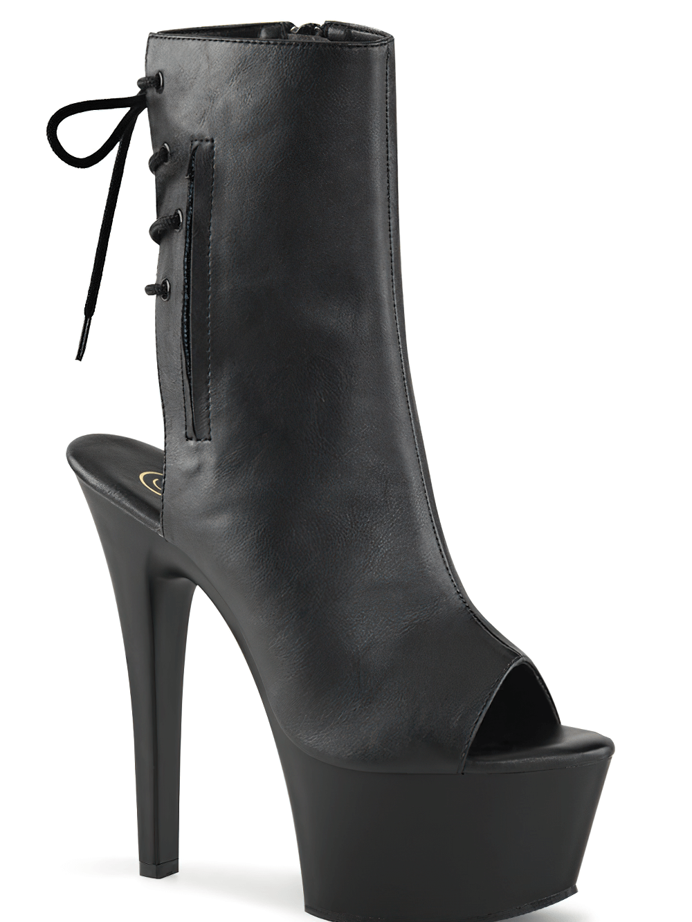 Black open-toe ankle boots with 6-inch stiletto heels and lace-up detail, crafted from vegan leather.
