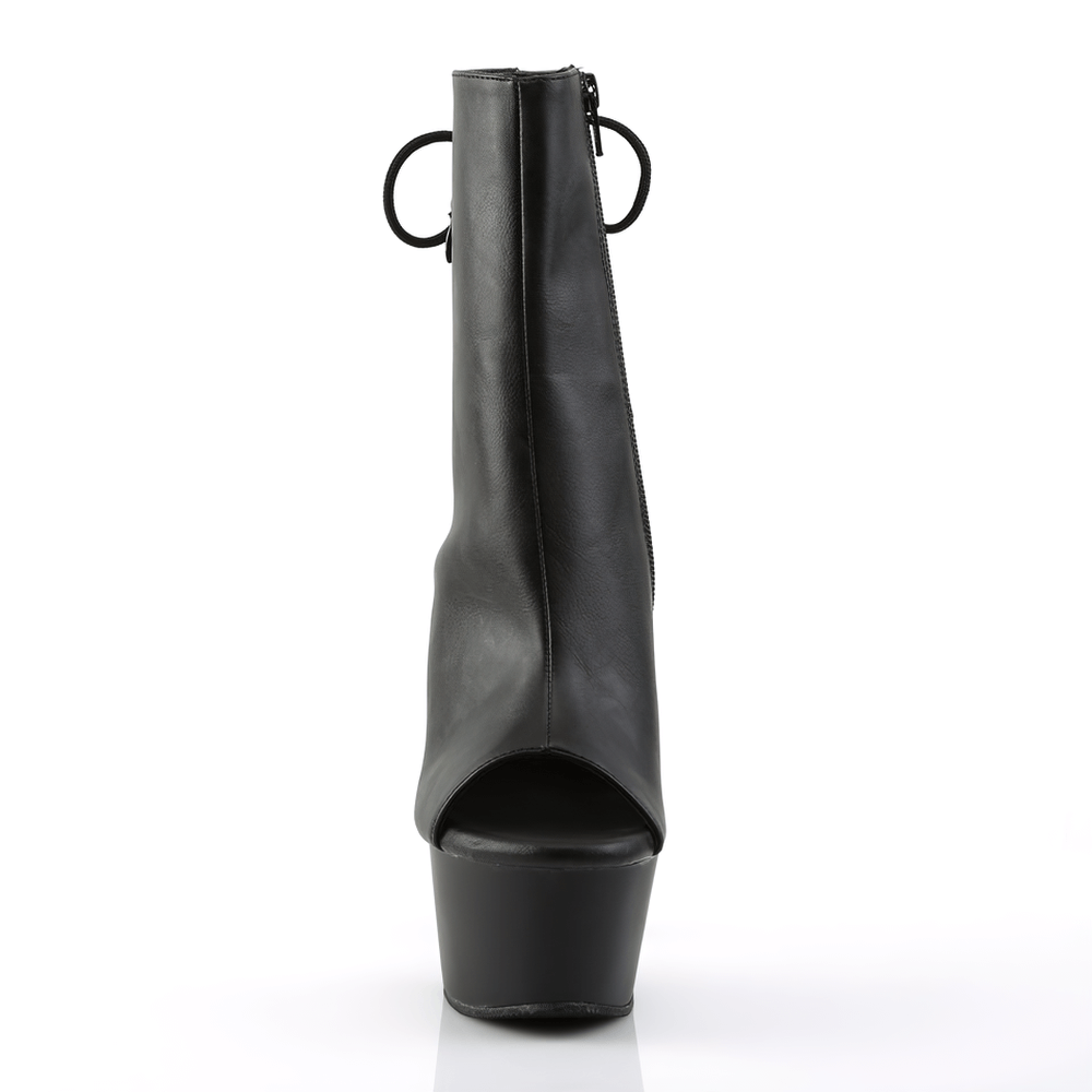 Striking black peep-toe ankle boots with 6-inch heels and lace-up back, crafted from vegan leather.