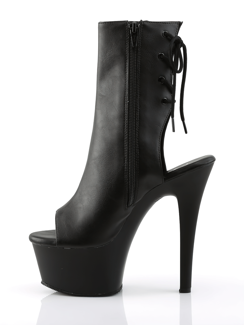 Black peep-toe ankle boots with 6-inch heels and lace-up back, perfect for a bold statement.