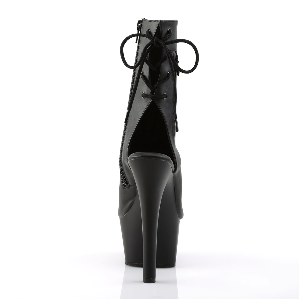 Back view of striking black PLEASER ankle boots with lace-up detail and 6-inch stiletto heels.