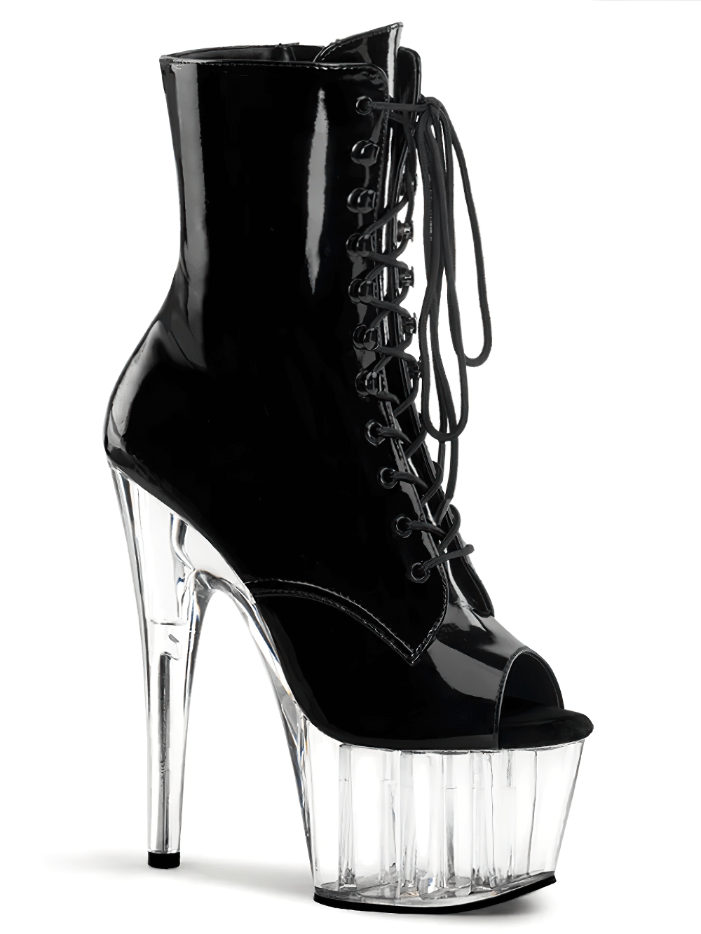Black lace-up peep toe ankle boots with clear platform and stiletto heel for a bold fashion statement.