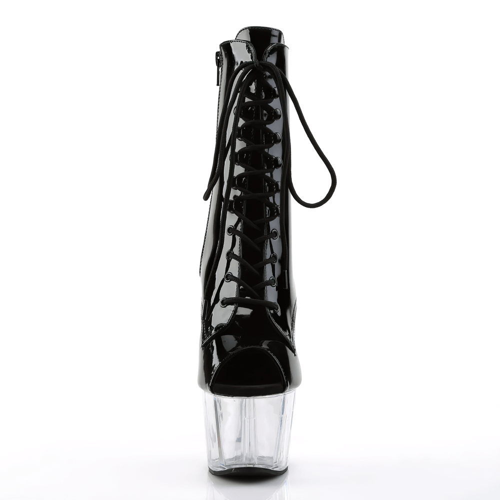 PLEASER Peep Toe Ankle Boots with Clear Platform featuring lace-up design and transparent heels.