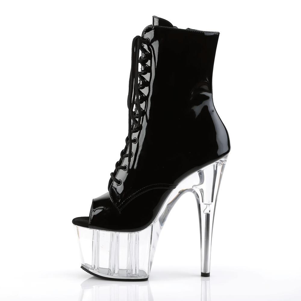 Black peep toe ankle boots with clear platform and lace-up design, featuring a bold stiletto heel for a striking look.