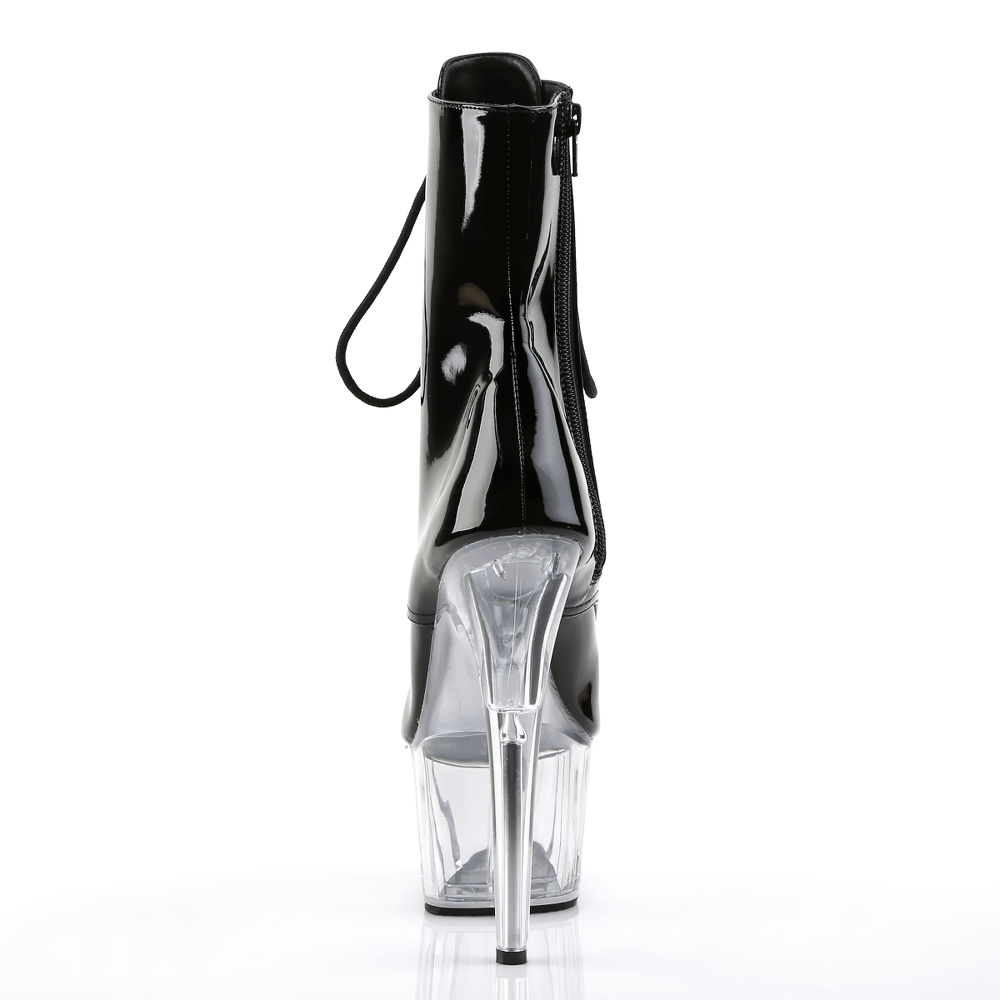 Black lace-up ankle boots with clear platform and stiletto heel, showcasing a stylish side zip design.