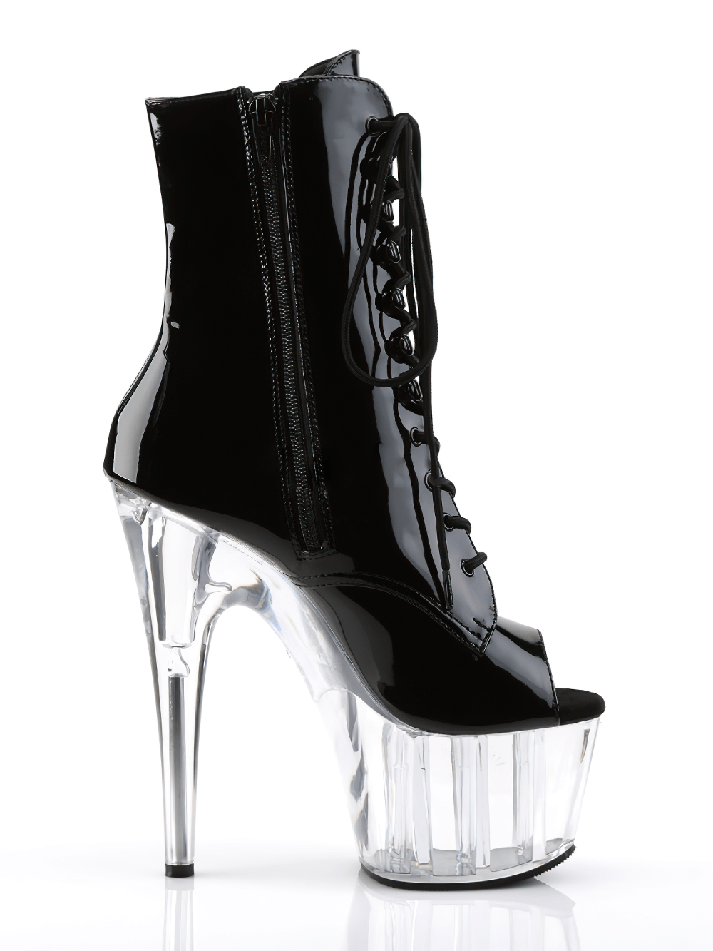 Lace-up black peep toe ankle boots with clear platform and high stiletto heel on a white background.