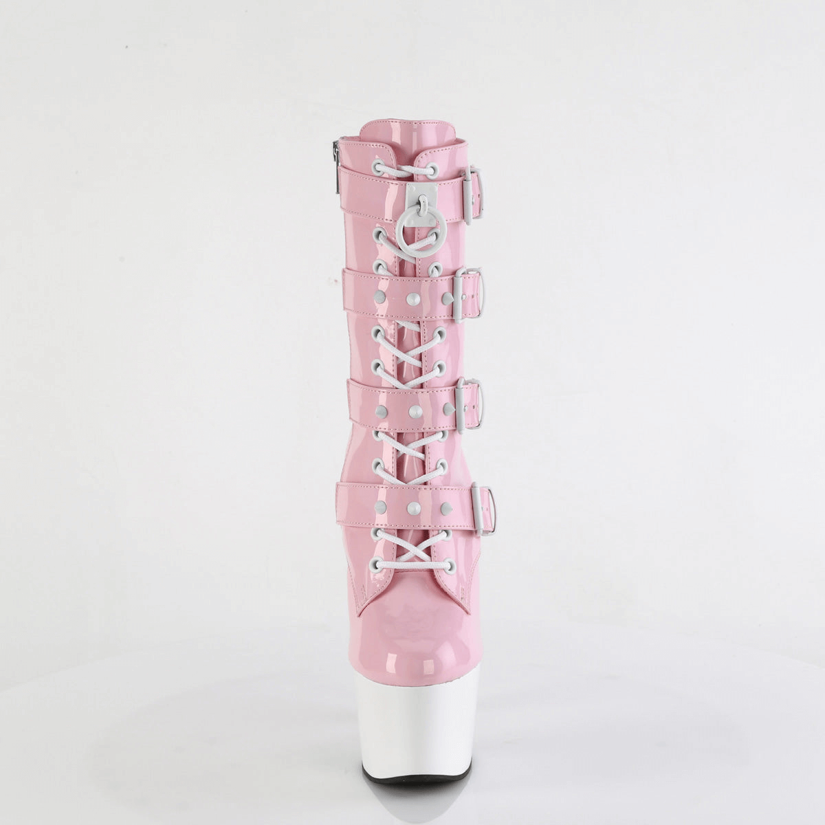 PLEASER pink buckle strap ankle boots featuring a striking two-tone design and towering platform heel.