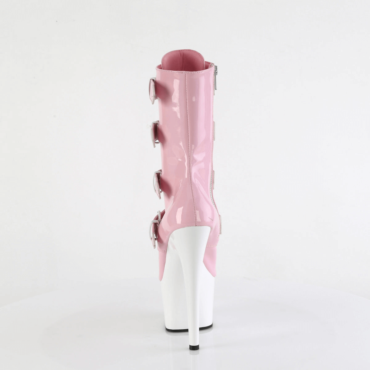 Back view of Pleaser pink and white ankle boots with buckle straps and high heels, showcasing a stylish two-tone design.