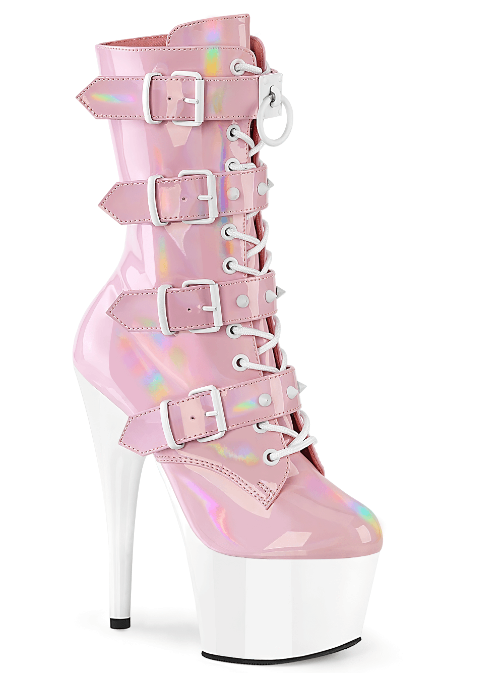 PLEASER Pink and White Buckle Strap Platform Ankle Boots with studded straps and 7-inch heels for a bold statement.