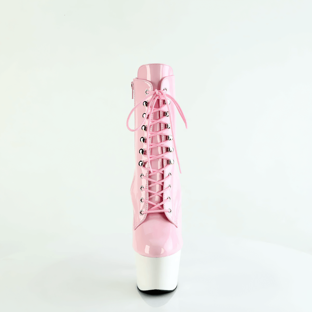 PLEASER Pink and White Lace-Up Stiletto Ankle Boots