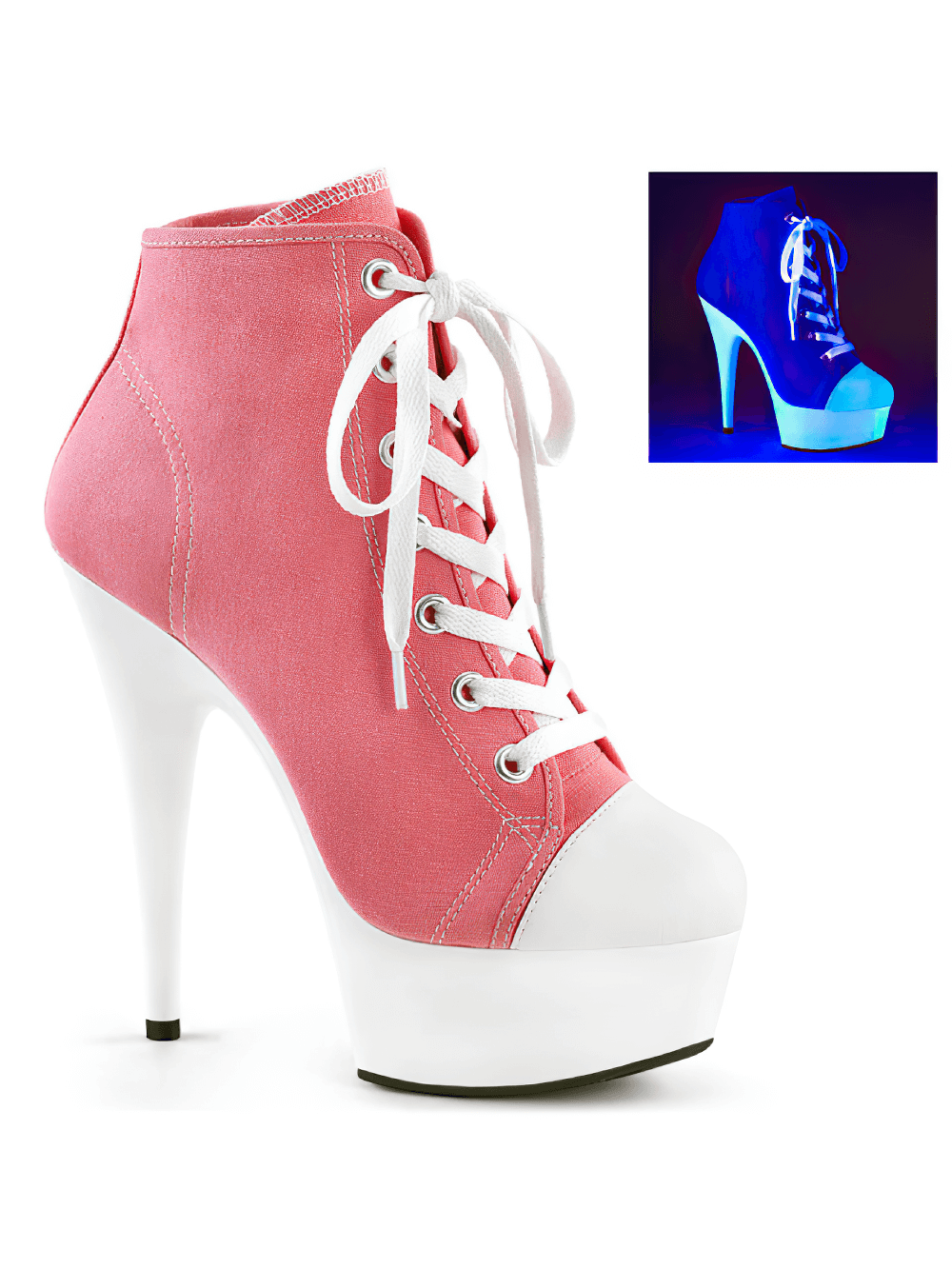 Bold pink and white stiletto heels with lace-up design and platform, perfect for a stylish look.