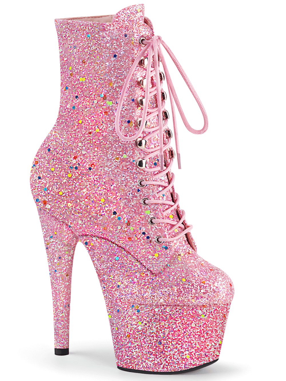 Pink glitter lace-up ankle boots with high heel and platform, shining under UV light.