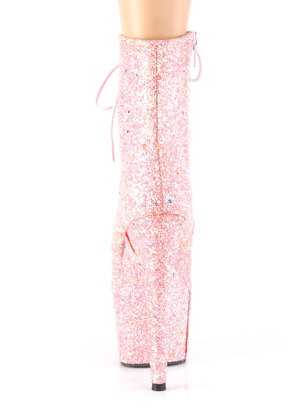 Pink glitter lace-up ankle boots with a high heel and platform, showcasing stunning sparkle and a unique design.