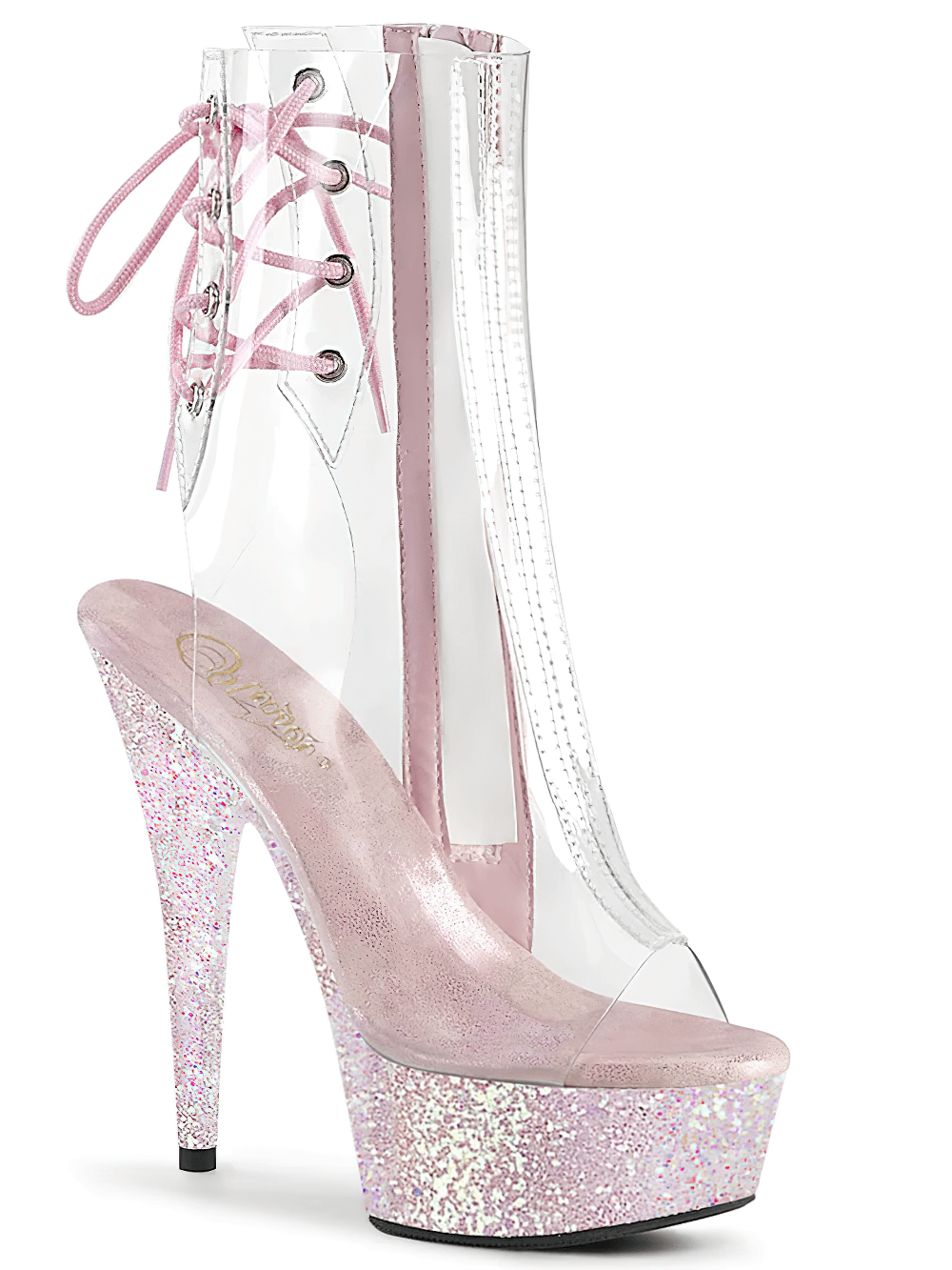 PLEASER Pink Glitter Heels Ankle Boots with Lace-Up and Zip