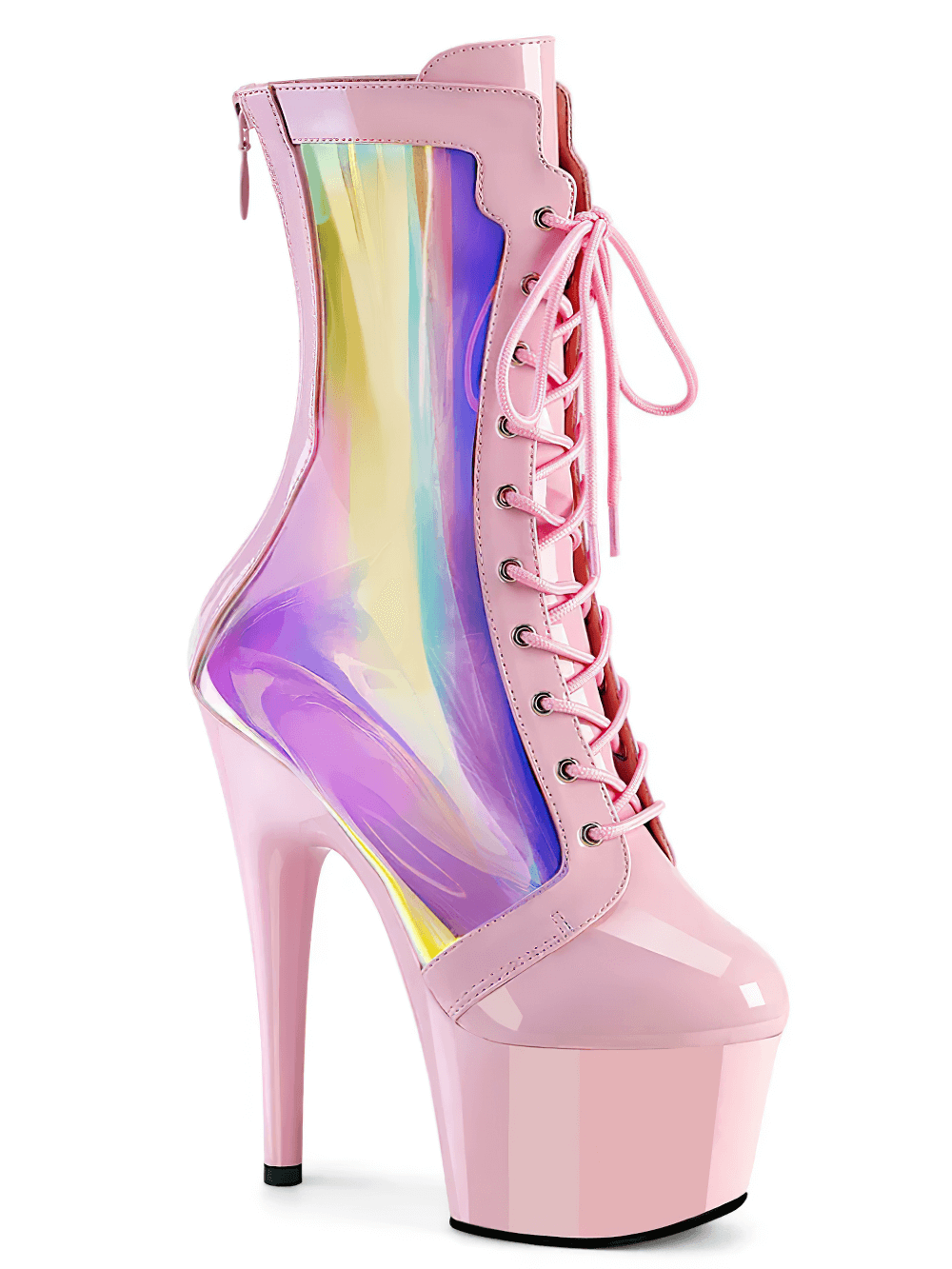 Bold pink lace-up stiletto boots with holographic panels and back zip closure, showcasing a daring 7-inch heel.