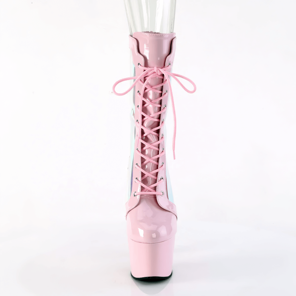 Bold pink lace-up stiletto boots with holographic panels and back zip closure for a daring lift.