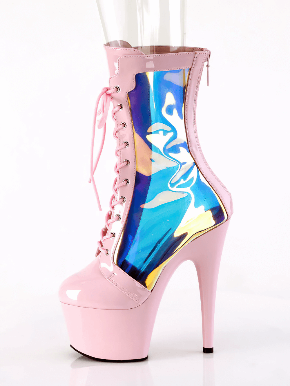 Bold pink lace-up stiletto boots with holographic panels, showcasing a stylish design and 7-inch heel.