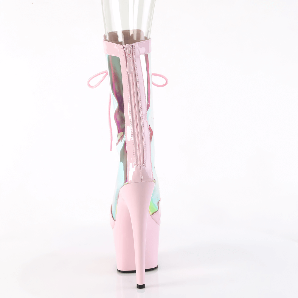Back view of PLEASER Pink Lace-Up Boots showcasing holographic panels and stiletto heel with zip closure.