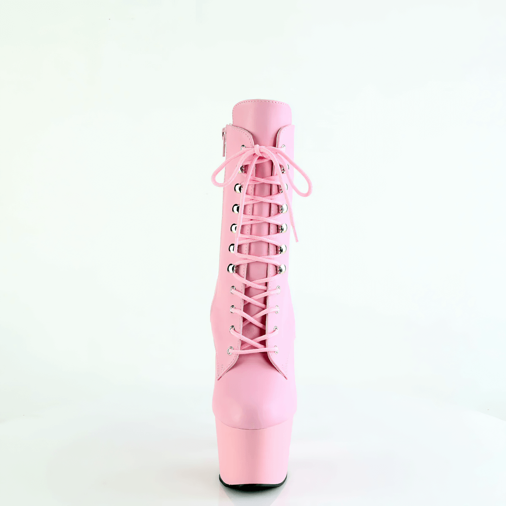 Fierce pink lace-up stiletto ankle boots with a high heel and side zip for confident style.