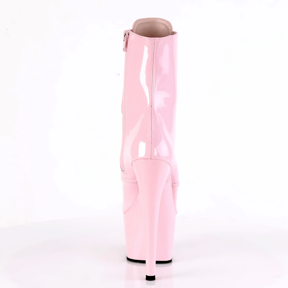 Back view of sexy pink lace-up stiletto ankle boots with 7-inch heels and side zip for easy wear.