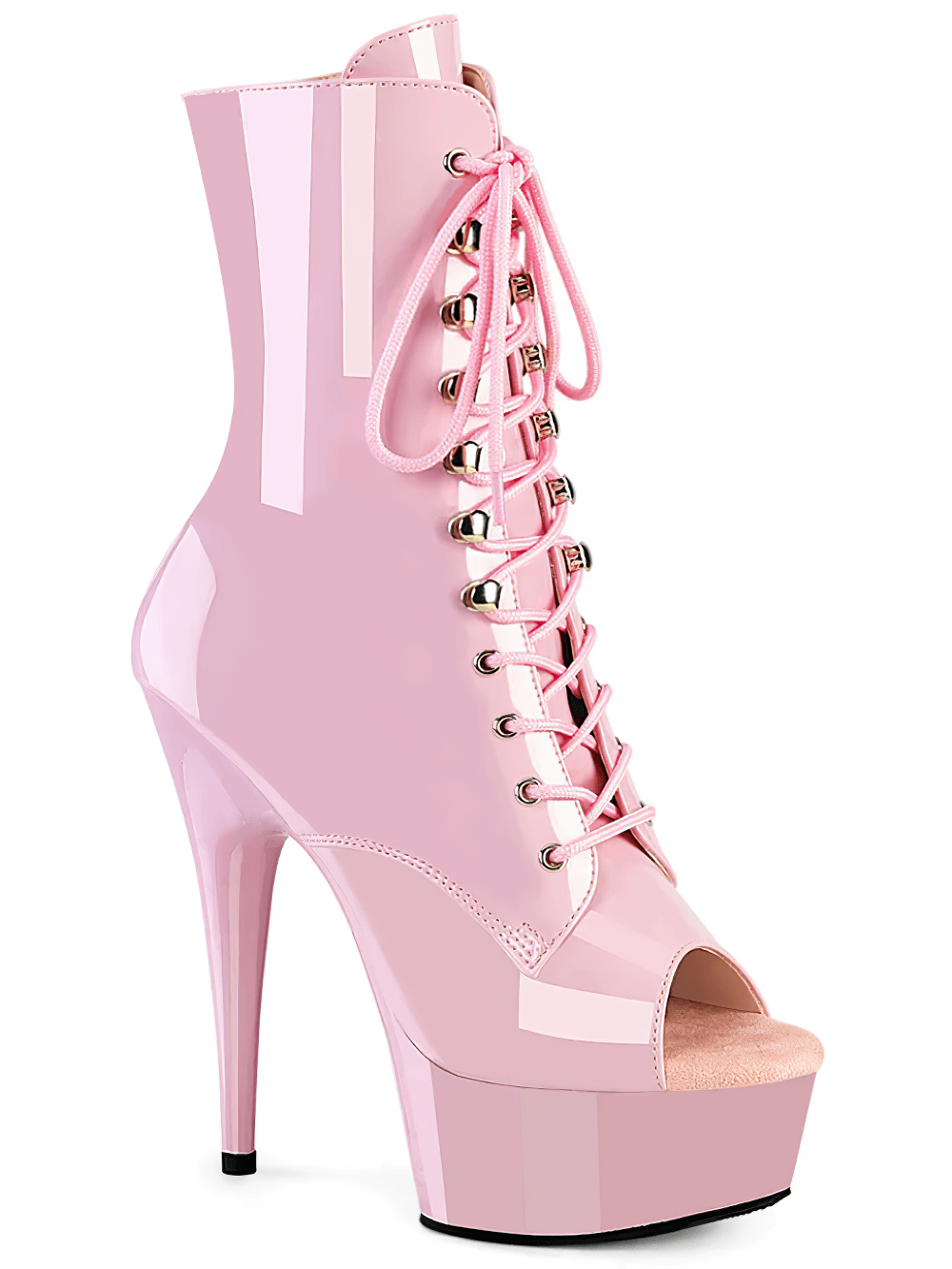 Stunning pink peep toe lace-up ankle boots with 6-inch heel and side zip for easy wear.