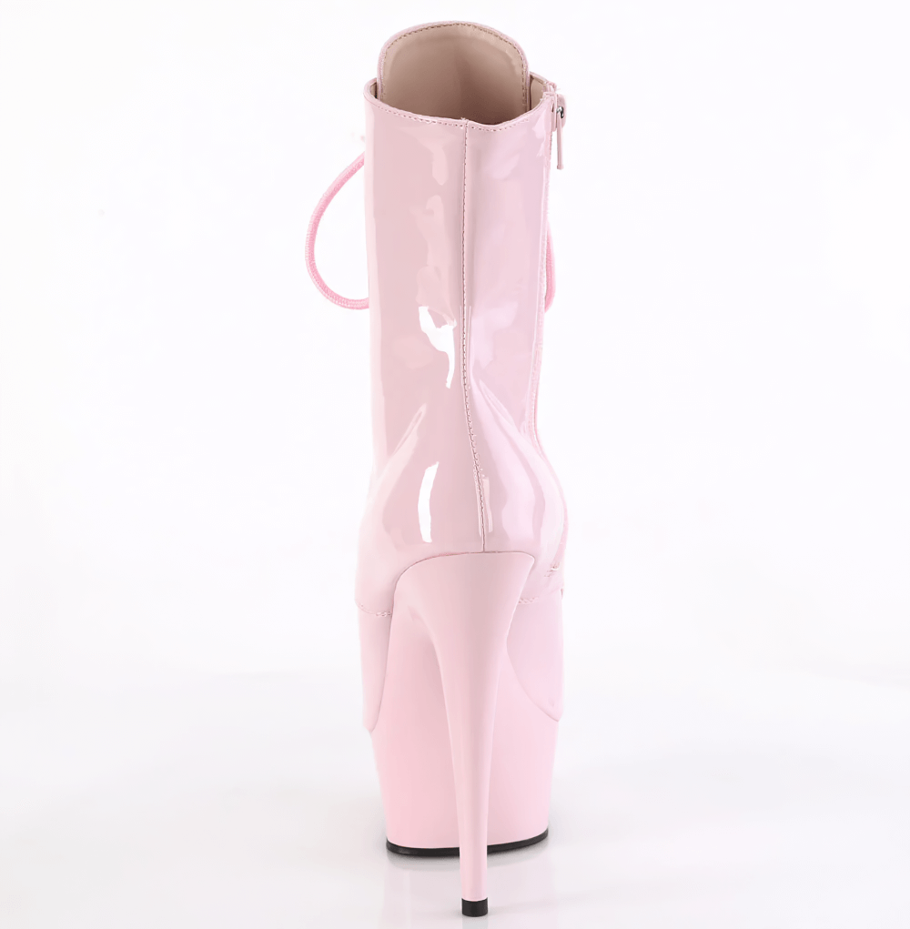 Back view of PLEASER pink peep toe lace-up ankle boots with high heel and side zip detail.
