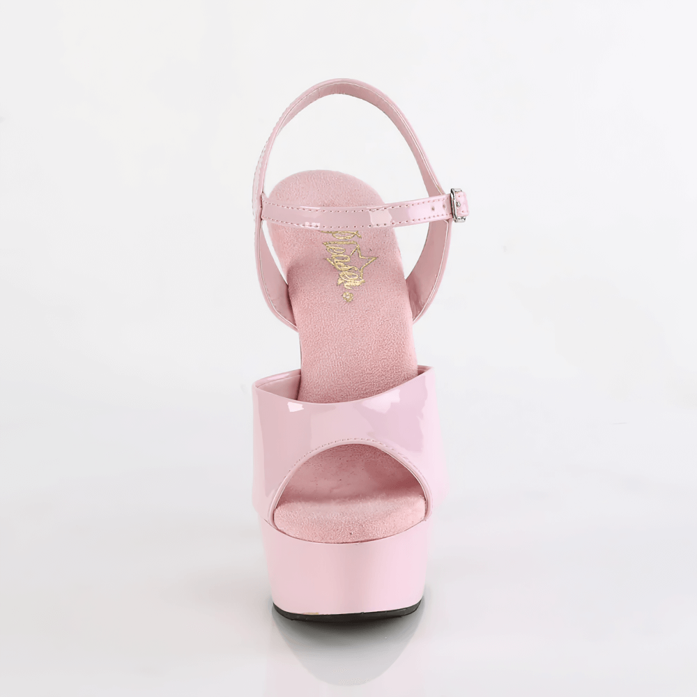 Back view of PLEASER pink peep toe stiletto sandal with adjustable ankle strap and platform.