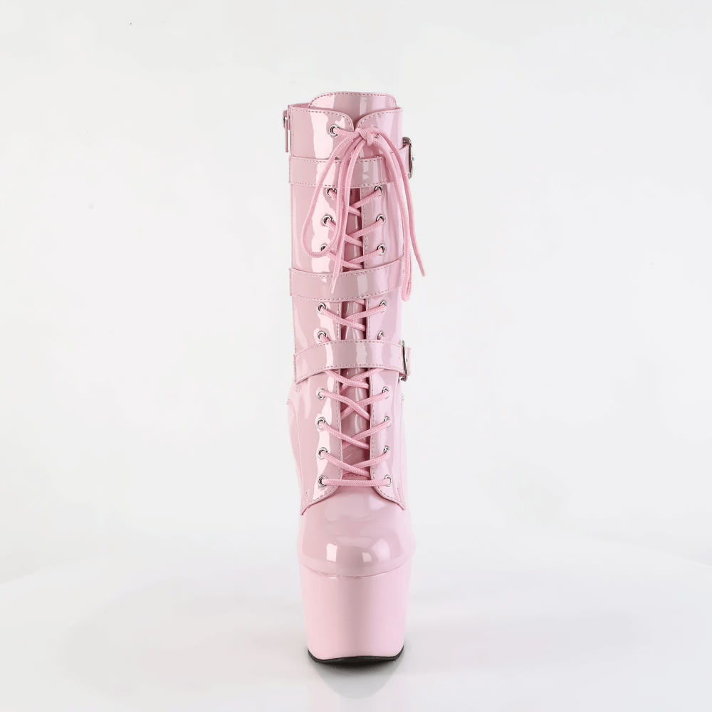 Stylish PLEASER pink platform ankle boots with triple buckle straps and lace-up front, showcasing daring stiletto heels.