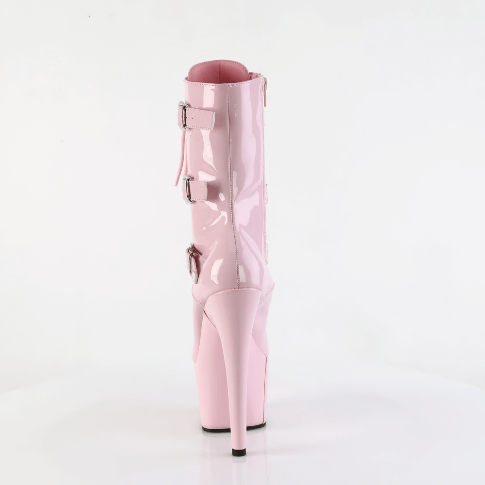 Back view of PLEASER pink platform ankle boots with triple buckle straps and a high stiletto heel.