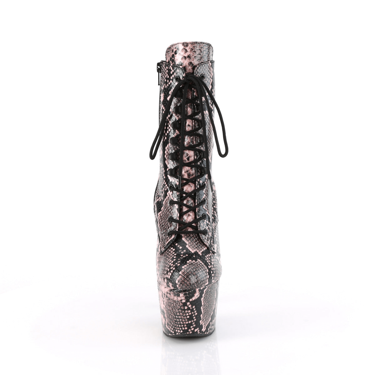 Bold pink snake print lace-up ankle boots with platform, featuring a 7-inch heel and edgy design.