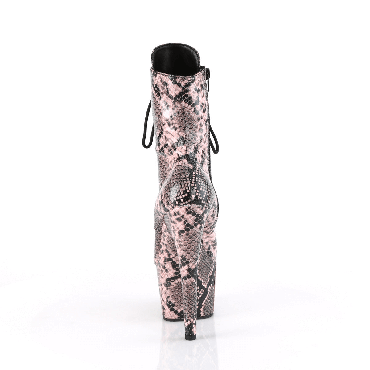 Back view of bold pink snake print lace-up ankle boots with high heel and platform.