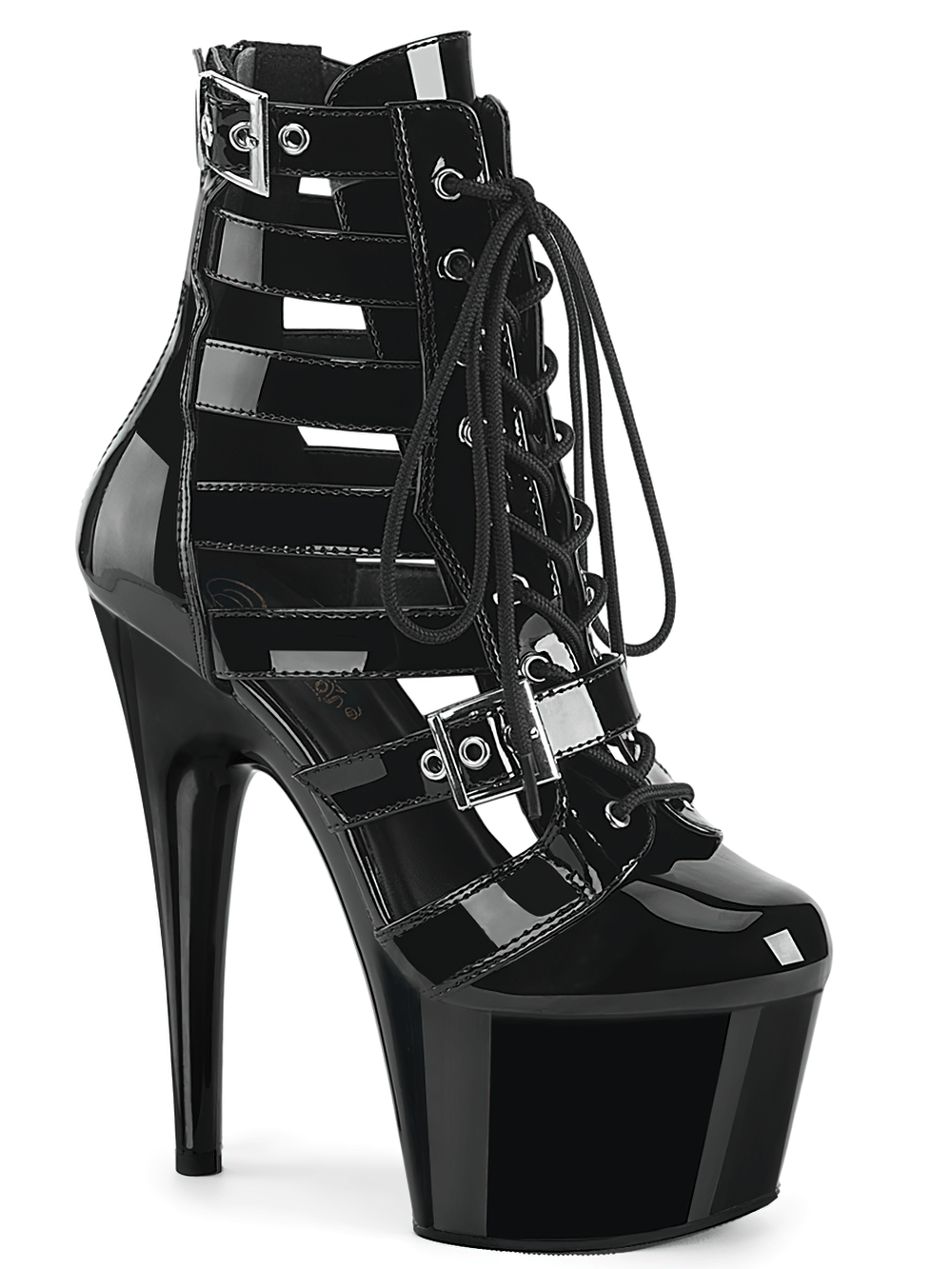 Black strappy platform cage boots with buckles and lace-up front, featuring a high heel and sleek patent finish.