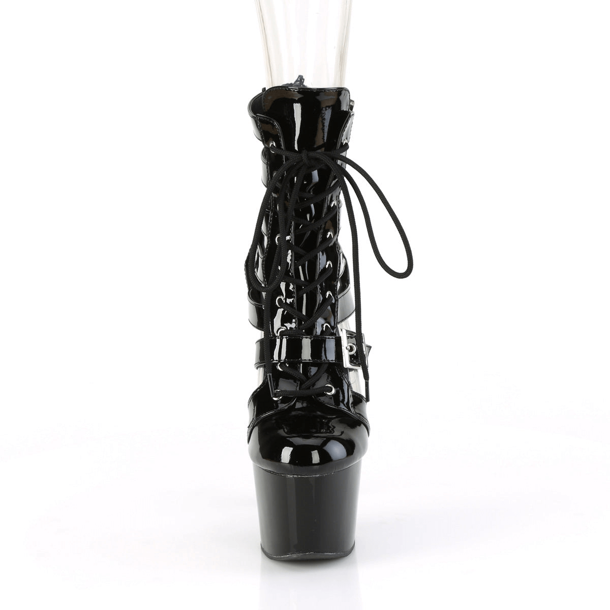 Black strappy lace-up platform cage boots with buckles and 7-inch heel, perfect for a bold fashion statement.