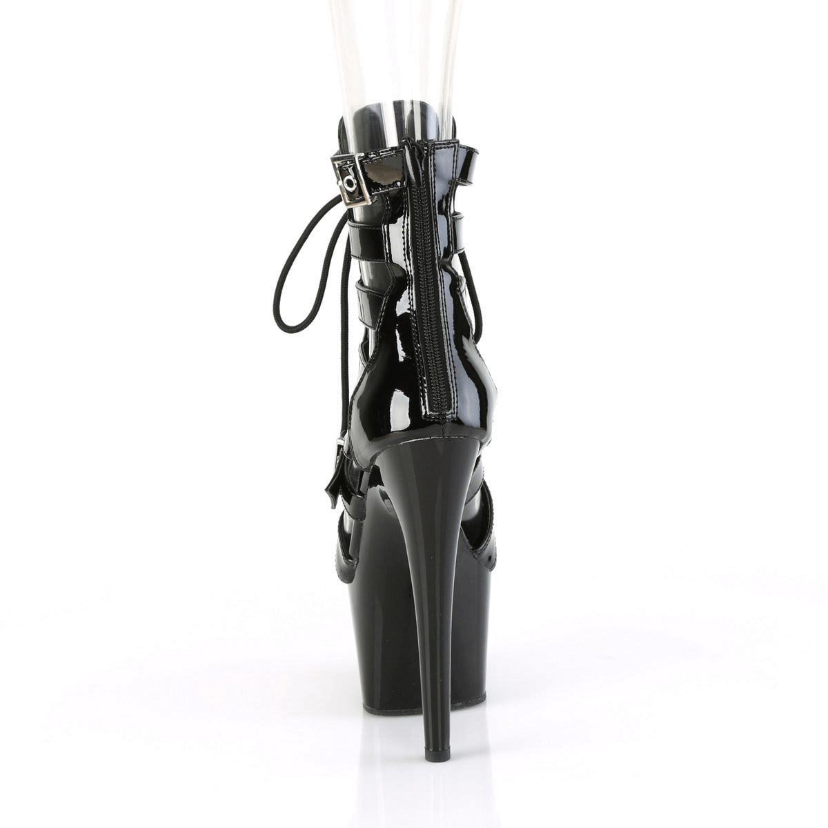 Back view of black Pleaser platform cage boots featuring lace-up design and high stiletto heel.